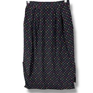 Vintage Albert Nipon Black Silk Midi Skirt, Multicolor Polka Dot Size 4